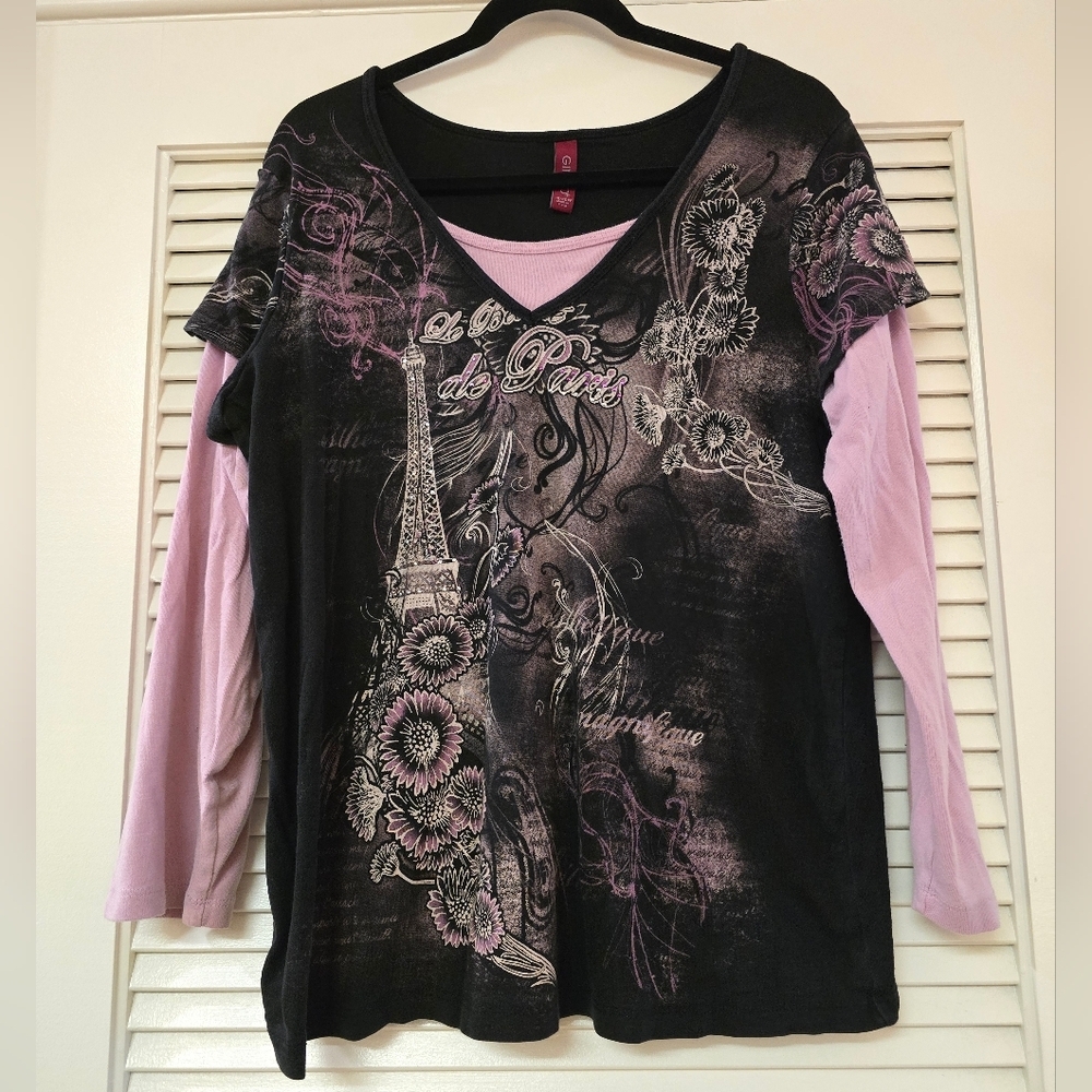 Gitano - (Plus-Size) Y2K Vintage Paris Graphic Long-Sleeve Top W Studded Jewels